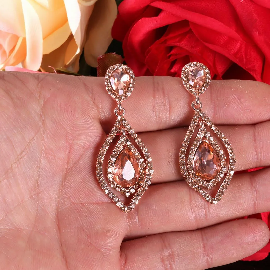 NLCAC Women Pear Shape Crystal Earrings Dangle Teardrop Rhinestone Chandelier Bridal Earring for Wedding
