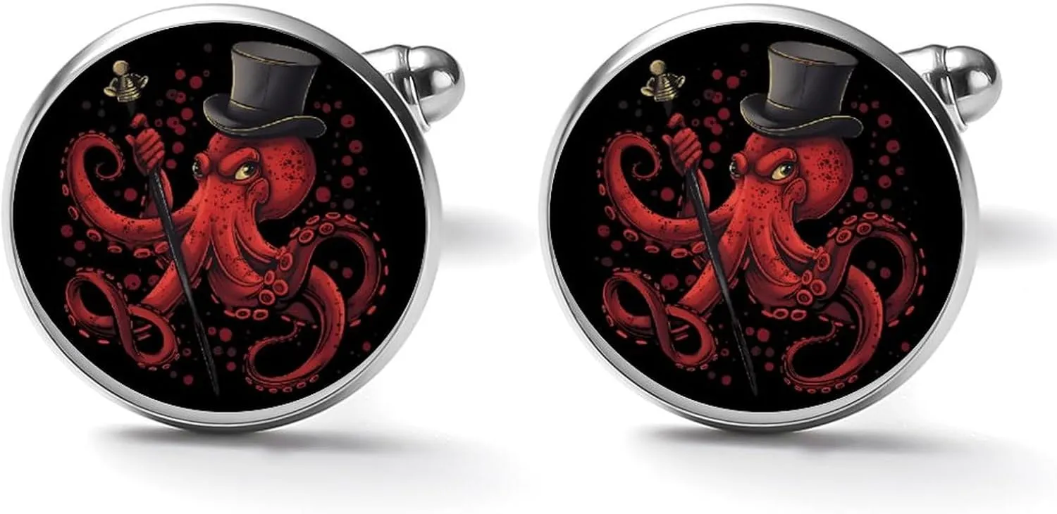 Octopus with Top Hat And Cane Funny Cufflinks Shirt Cuff Links Accessories Business Wedding Jewelry