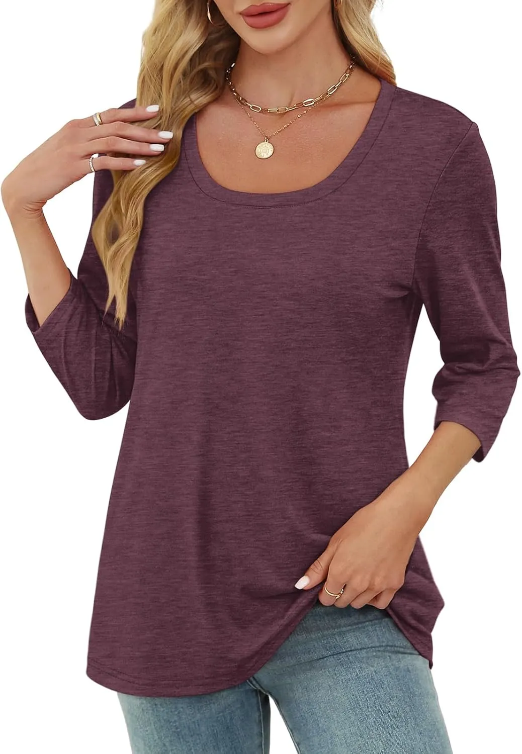 OFEEFAN 3/4 Length Sleeve Womens Tops Scoop Neck Tunic Tops Loose Fit Shirts Dressy Casual Blouses S-3XL