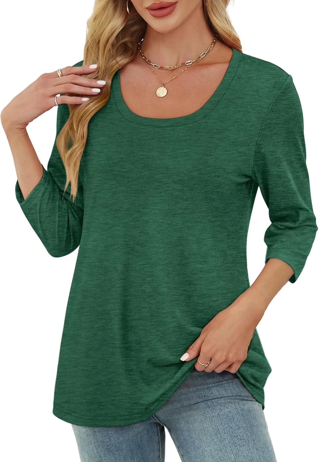 OFEEFAN 3/4 Length Sleeve Womens Tops Scoop Neck Tunic Tops Loose Fit Shirts Dressy Casual Blouses S-3XL