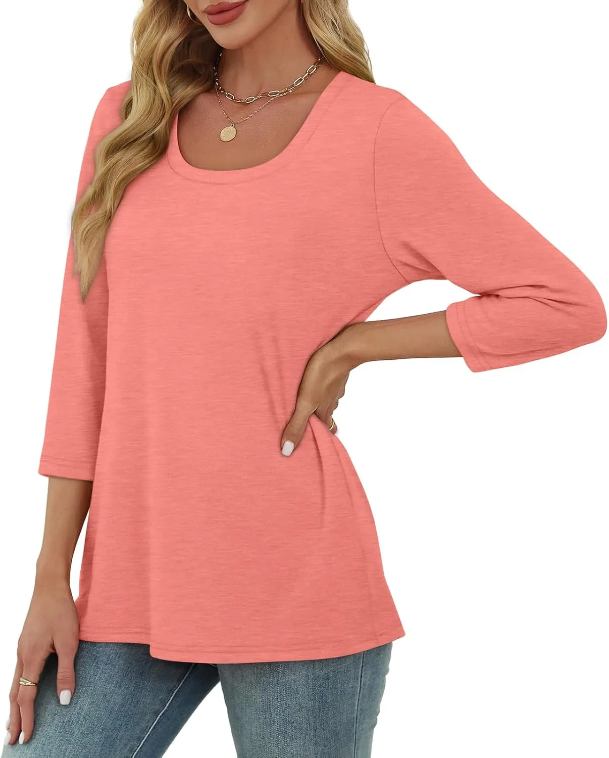 OFEEFAN 3/4 Length Sleeve Womens Tops Scoop Neck Tunic Tops Loose Fit Shirts Dressy Casual Blouses S-3XL
