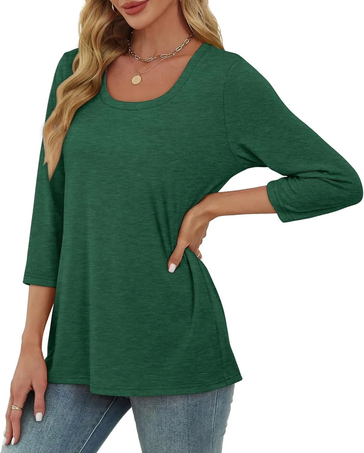 OFEEFAN 3/4 Length Sleeve Womens Tops Scoop Neck Tunic Tops Loose Fit Shirts Dressy Casual Blouses S-3XL