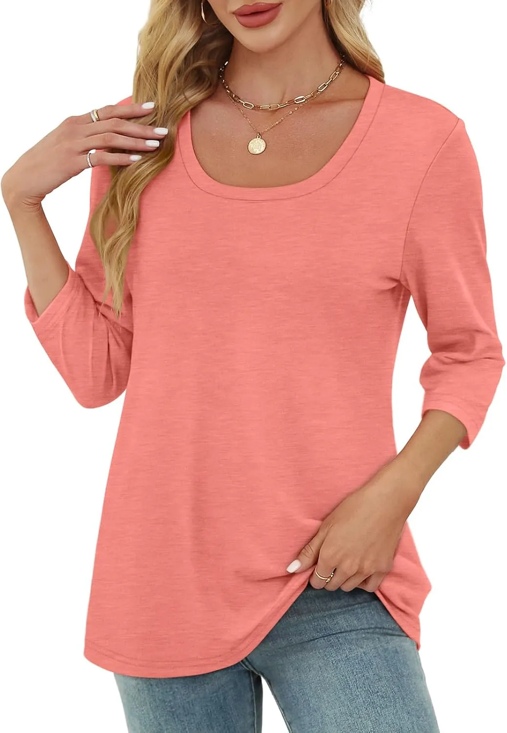 OFEEFAN 3/4 Length Sleeve Womens Tops Scoop Neck Tunic Tops Loose Fit Shirts Dressy Casual Blouses S-3XL