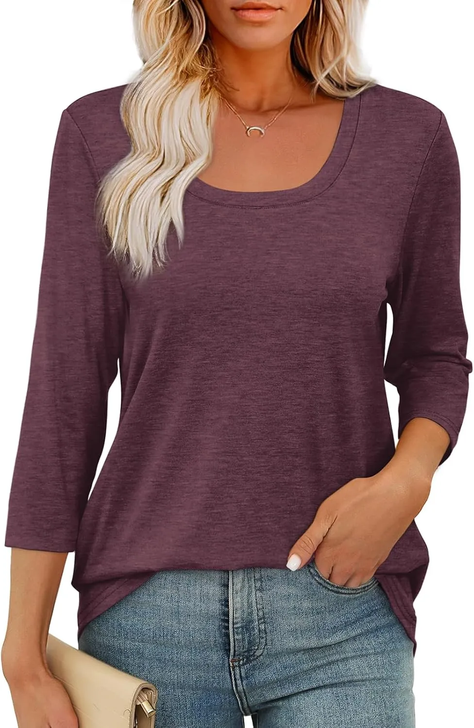 OFEEFAN 3/4 Length Sleeve Womens Tops Scoop Neck Tunic Tops Loose Fit Shirts Dressy Casual Blouses S-3XL