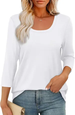 OFEEFAN 3/4 Length Sleeve Womens Tops Scoop Neck Tunic Tops Loose Fit Shirts Dressy Casual Blouses S-3XL