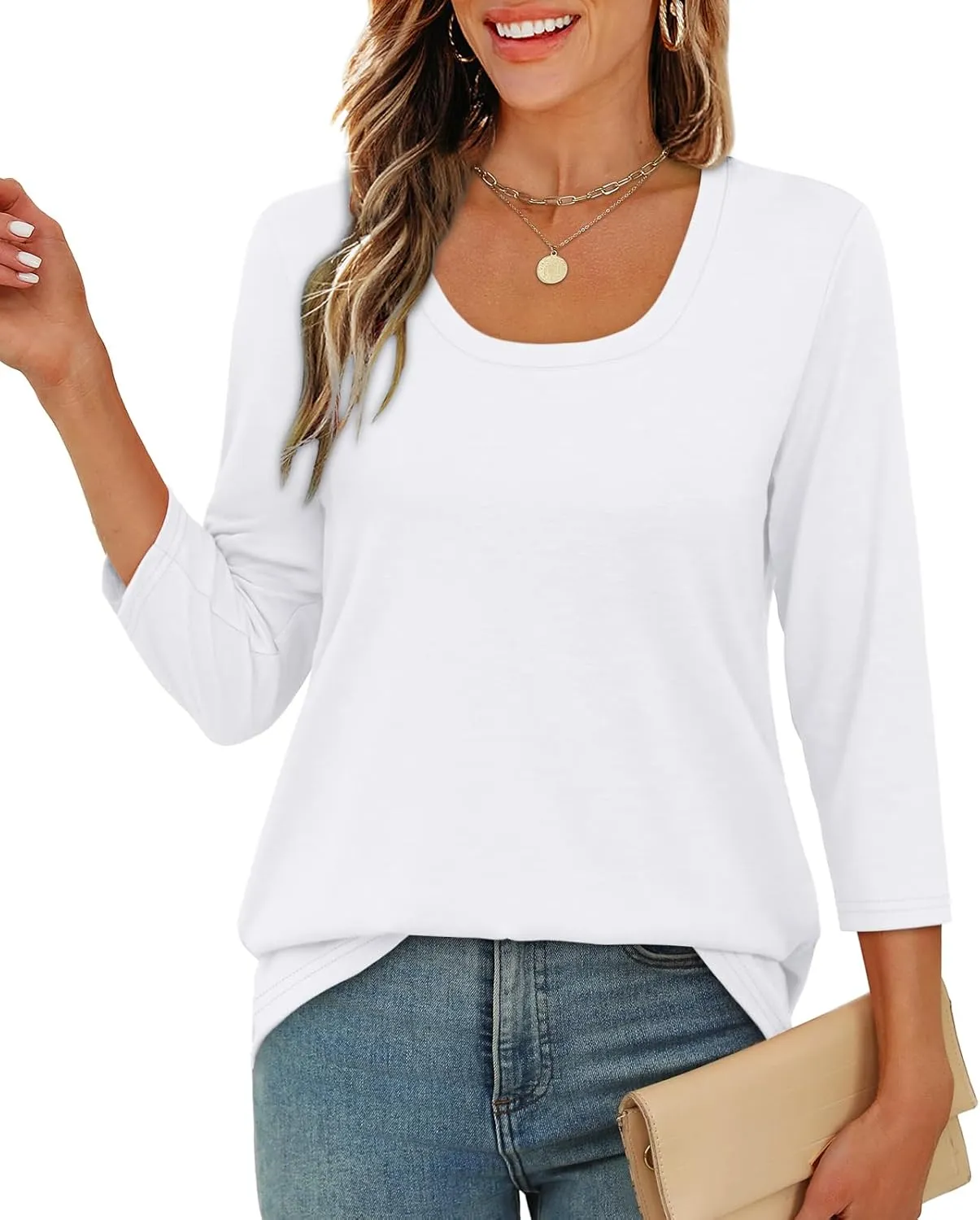 OFEEFAN 3/4 Length Sleeve Womens Tops Scoop Neck Tunic Tops Loose Fit Shirts Dressy Casual Blouses S-3XL