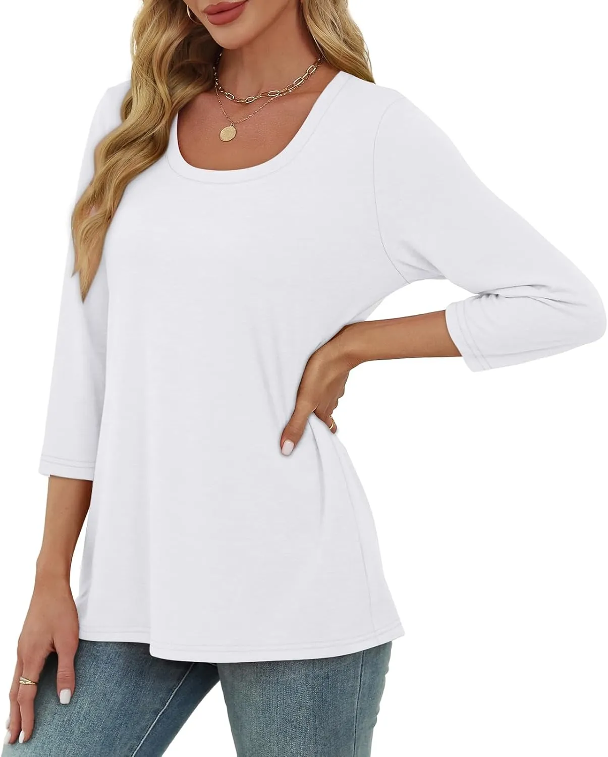 OFEEFAN 3/4 Length Sleeve Womens Tops Scoop Neck Tunic Tops Loose Fit Shirts Dressy Casual Blouses S-3XL