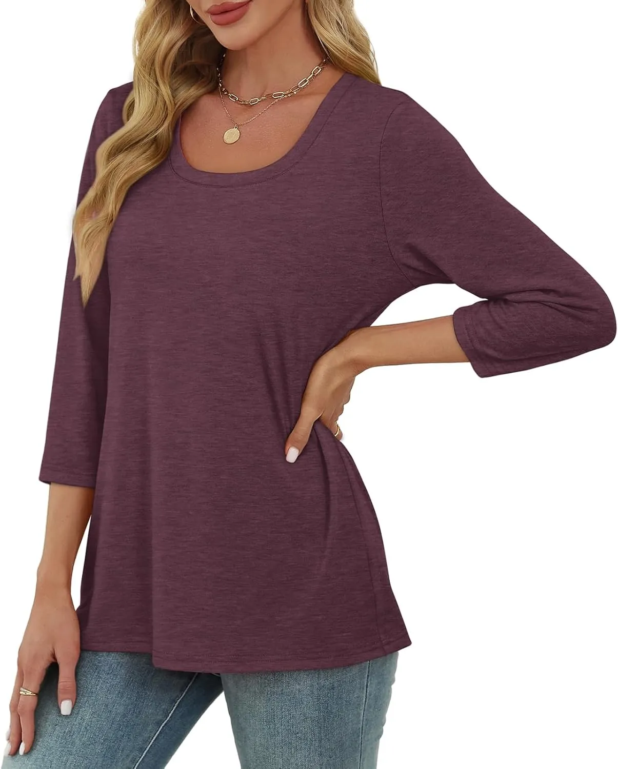 OFEEFAN 3/4 Length Sleeve Womens Tops Scoop Neck Tunic Tops Loose Fit Shirts Dressy Casual Blouses S-3XL