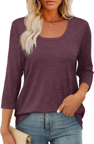 OFEEFAN 3/4 Length Sleeve Womens Tops Scoop Neck Tunic Tops Loose Fit Shirts Dressy Casual Blouses S-3XL