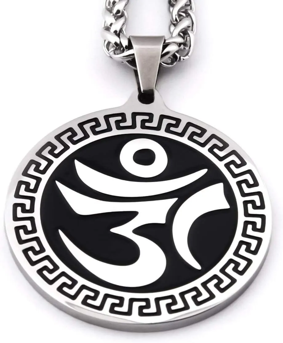 Om Yoga Medallion Necklace India Black Jewelry Silvertone Stainless Steel Perfect Health Amulet Unique Design Atrasu