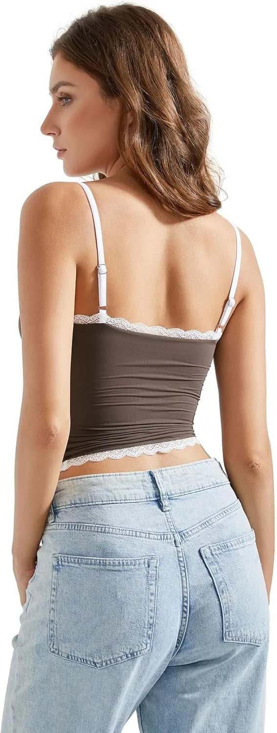 OMKAGI Lace Tank Tops for Women Sexy Double Lined Y2K Going Out Basic Cami Shirt