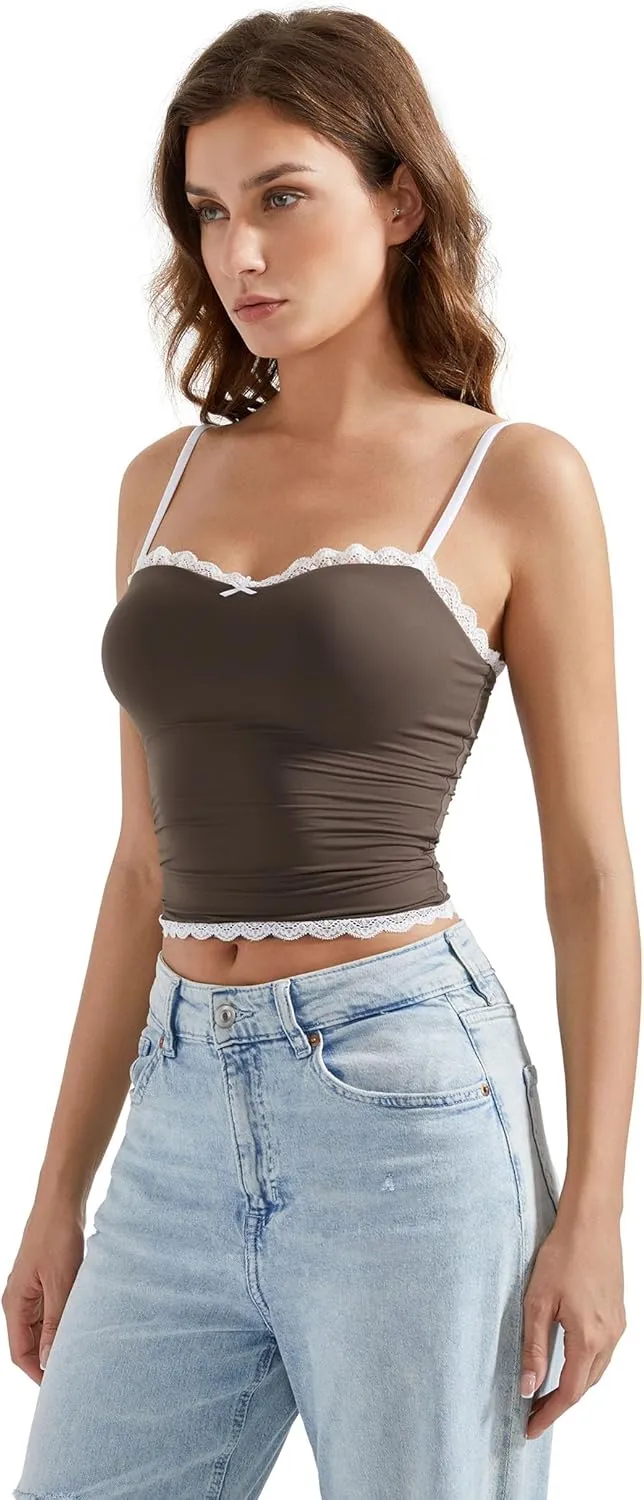OMKAGI Lace Tank Tops for Women Sexy Double Lined Y2K Going Out Basic Cami Shirt