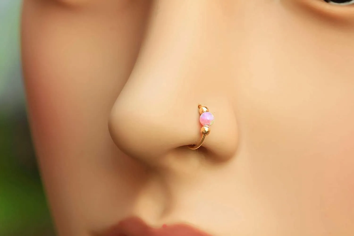 Opal Gold Nose Ring Pink Gemstone 20 Gauge 14k Gold-Filled Nostril hoop Jewelry Handmade Adjustable And Multi0Use Piercing