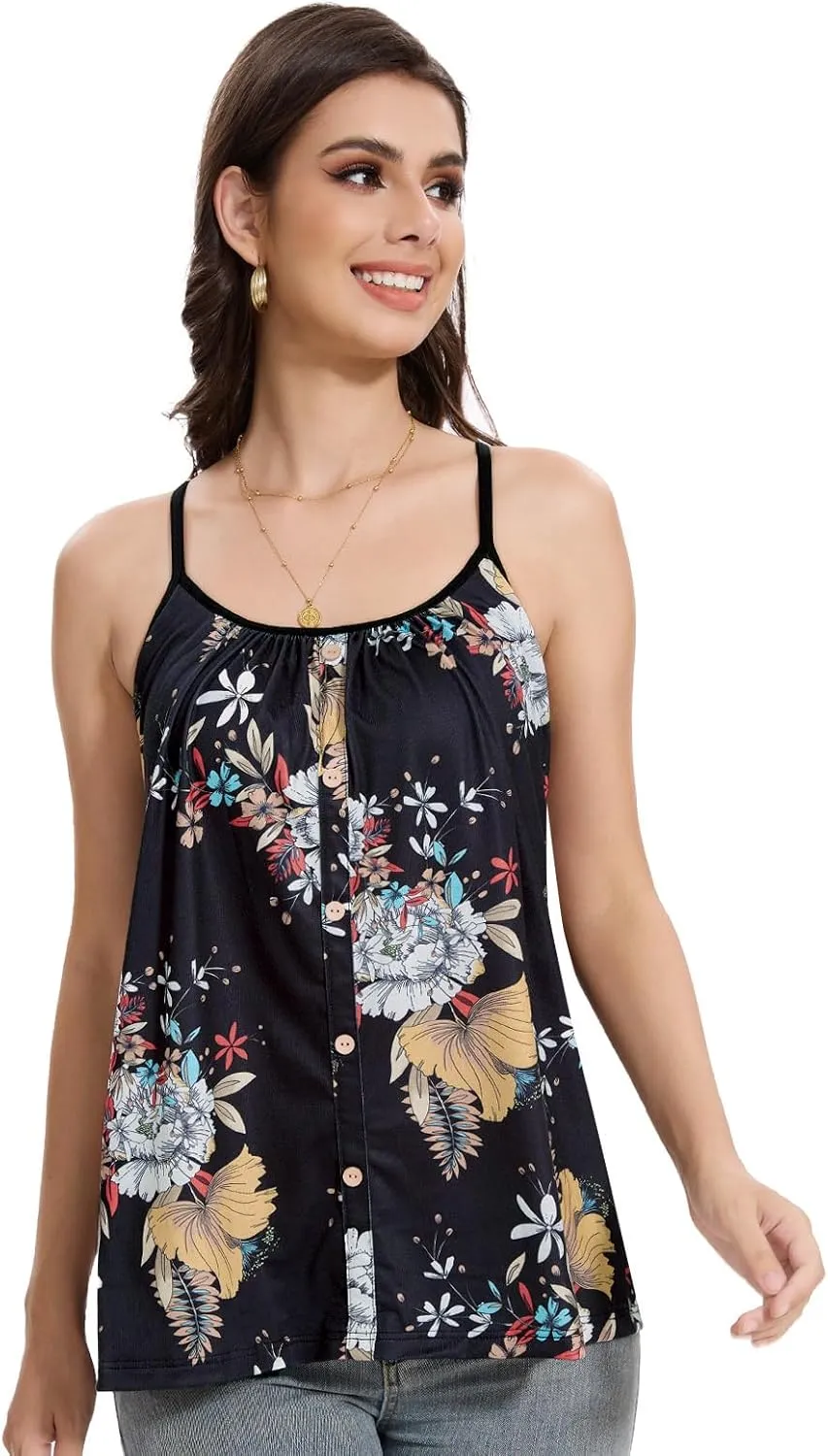 Orrpally Women Button Front Tank Built in Bra Flowy Camisole Adjustable Spaghetti Strap Tank Top