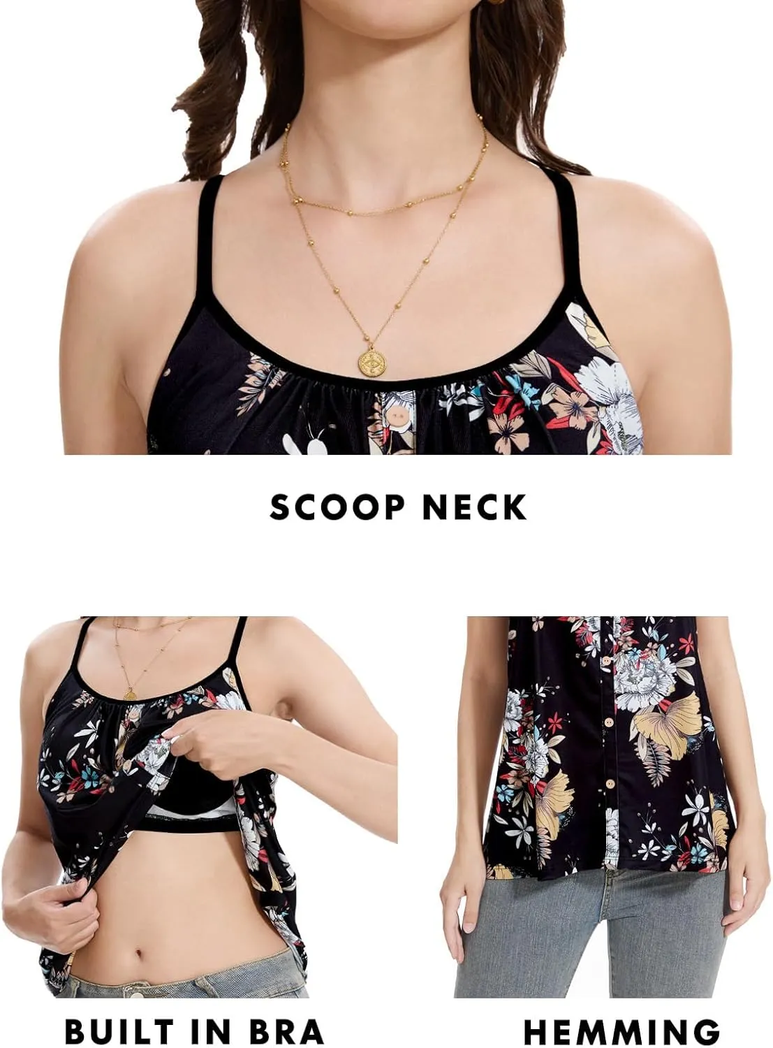 Orrpally Women Button Front Tank Built in Bra Flowy Camisole Adjustable Spaghetti Strap Tank Top