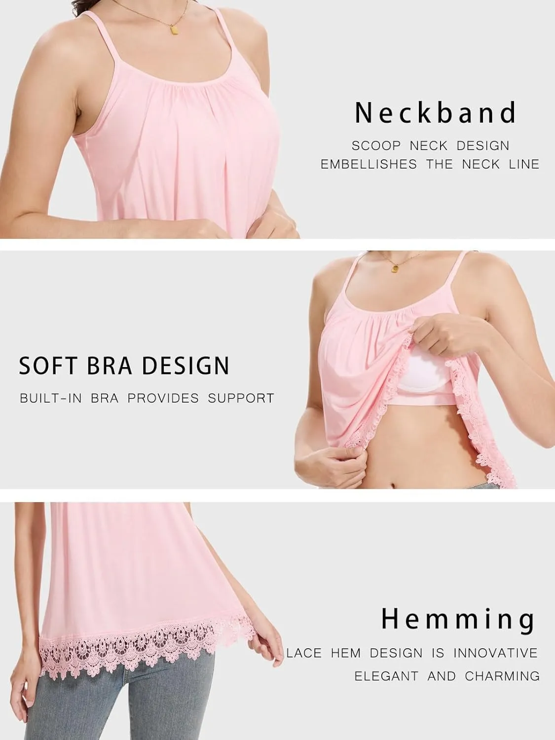 Orrpally Women Lace Hem Tank Top Built in Bra Flowy Camisole Adjustable Spaghetti Strap Tank Top
