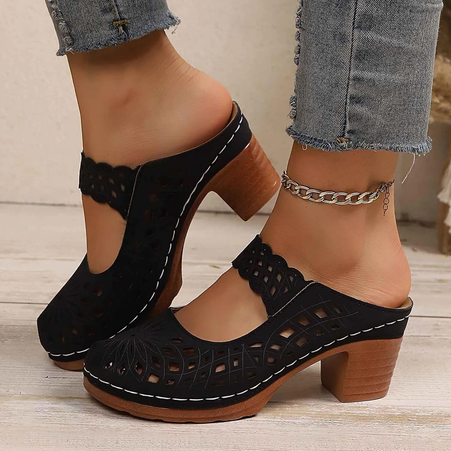 Orthopedic Sandals for Women Chunky Heel Soft Sole Breathable Casual Walking Hollow Out Closed Toe Comfort Sandals