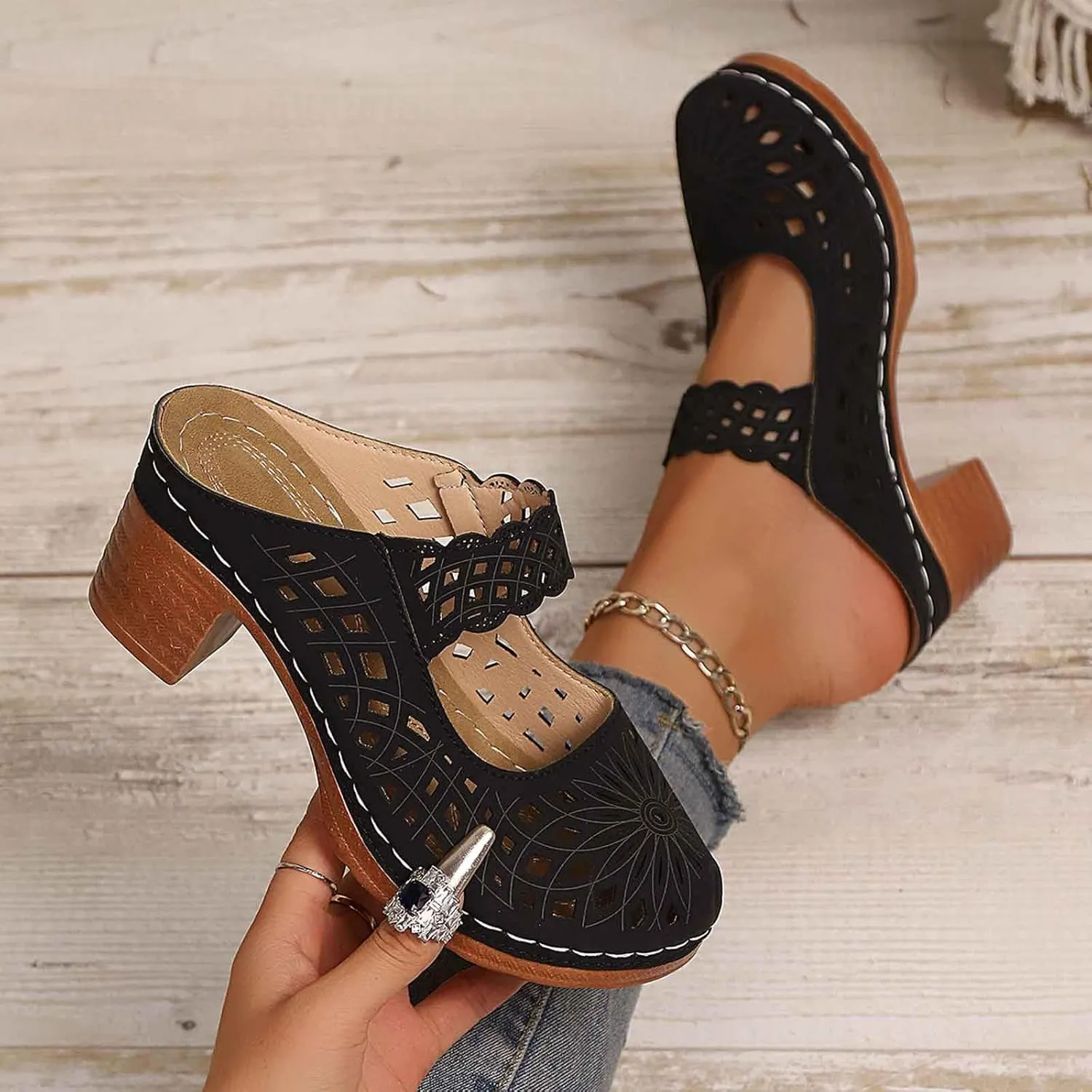 Orthopedic Sandals for Women Chunky Heel Soft Sole Breathable Casual Walking Hollow Out Closed Toe Comfort Sandals