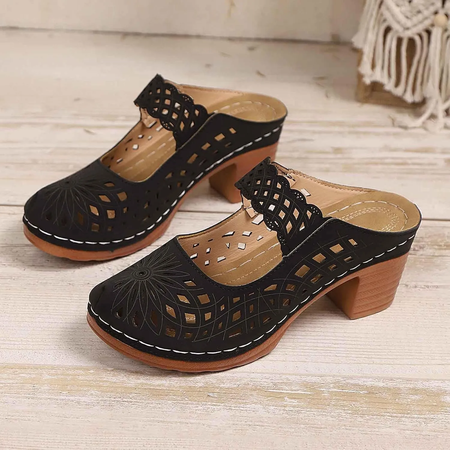 Orthopedic Sandals for Women Chunky Heel Soft Sole Breathable Casual Walking Hollow Out Closed Toe Comfort Sandals