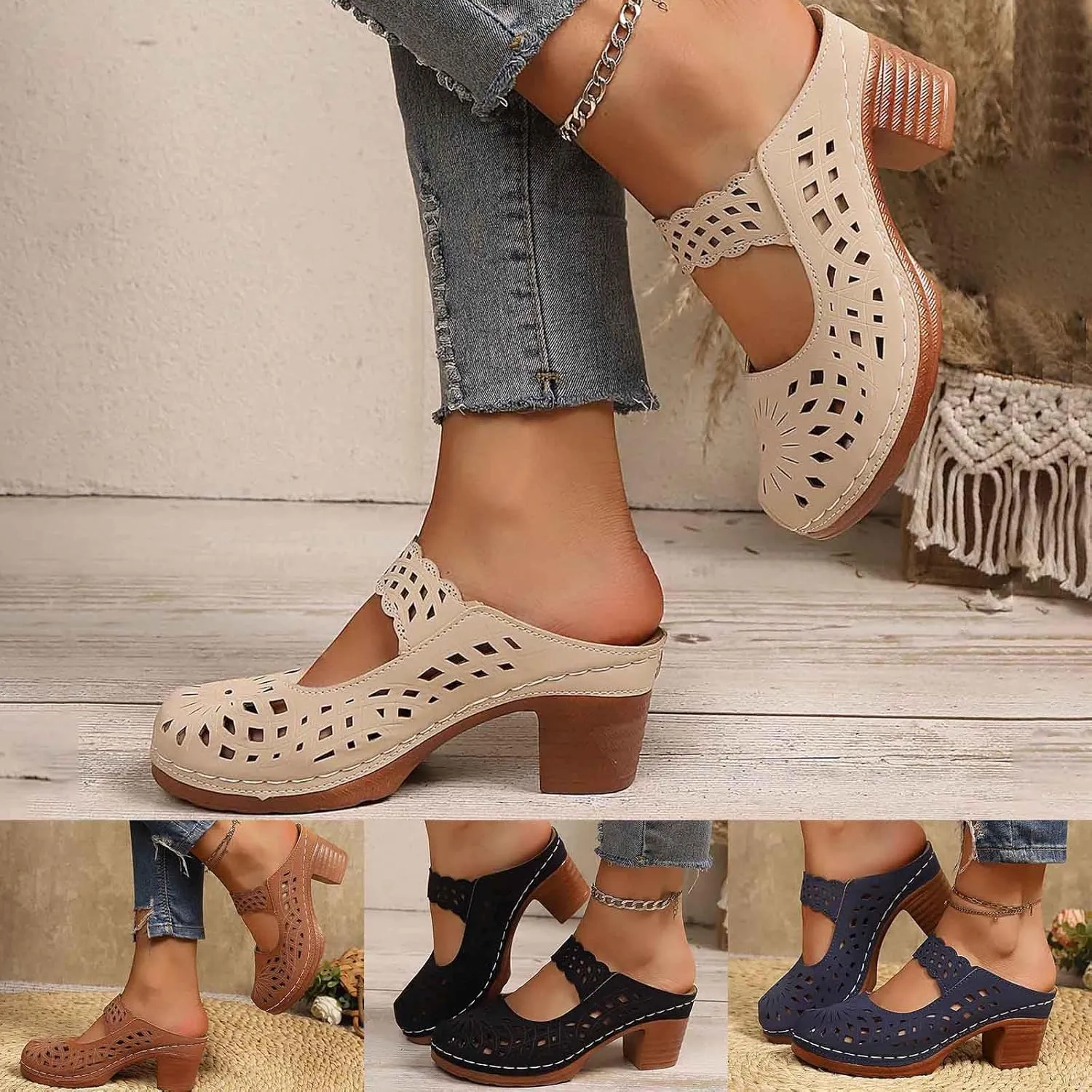 Orthopedic Sandals for Women Chunky Heel Soft Sole Breathable Casual Walking Hollow Out Closed Toe Comfort Sandals