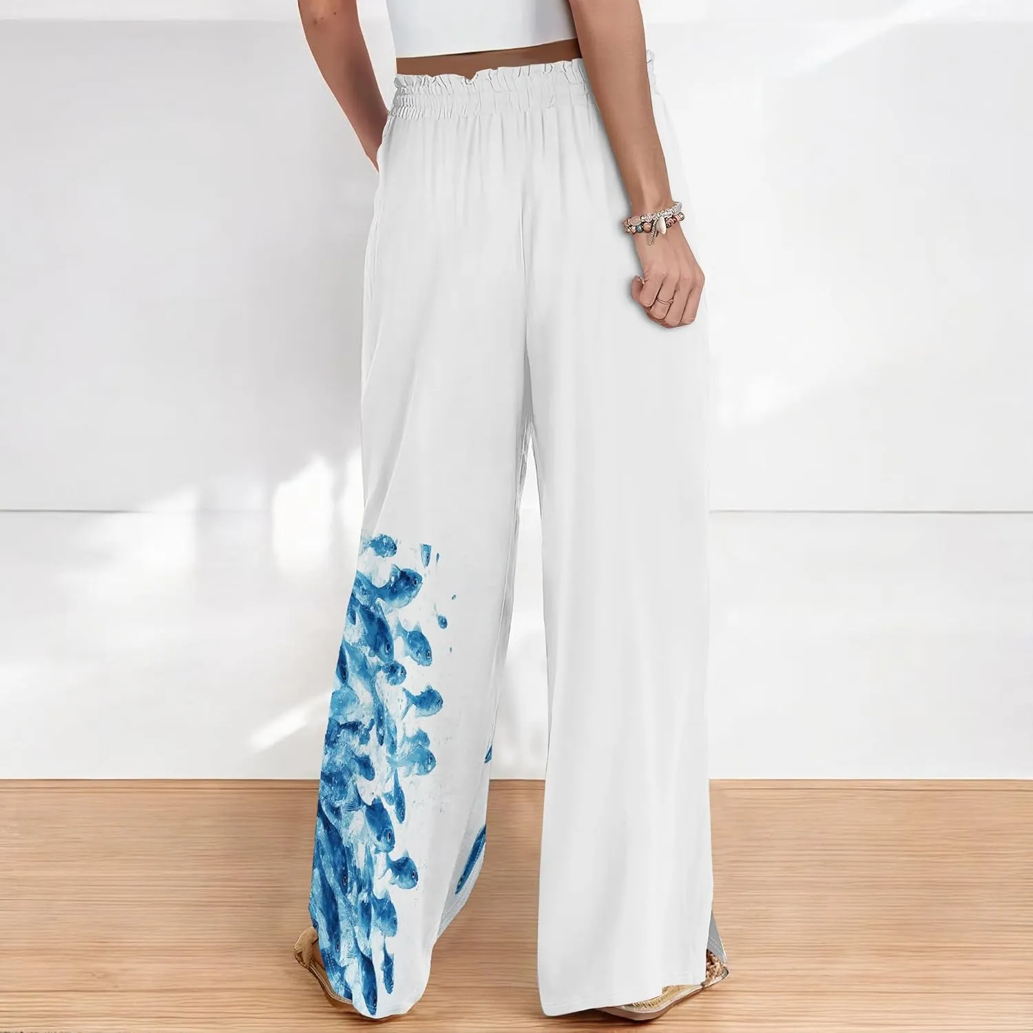 Palazzo Pants for Women Floral Summer Boho Casual Wide Leg Beach High Waist Lounge Ladies Trousers with Pockets