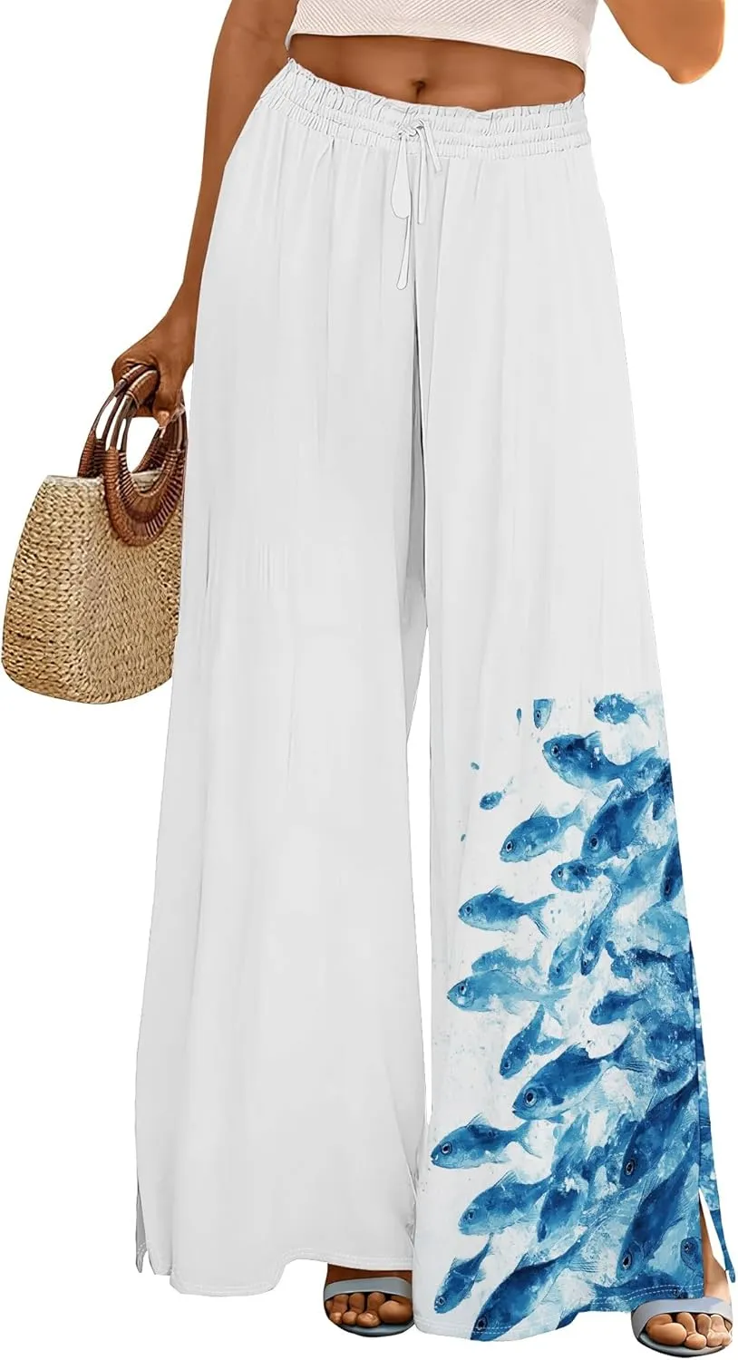 Palazzo Pants for Women Floral Summer Boho Casual Wide Leg Beach High Waist Lounge Ladies Trousers with Pockets