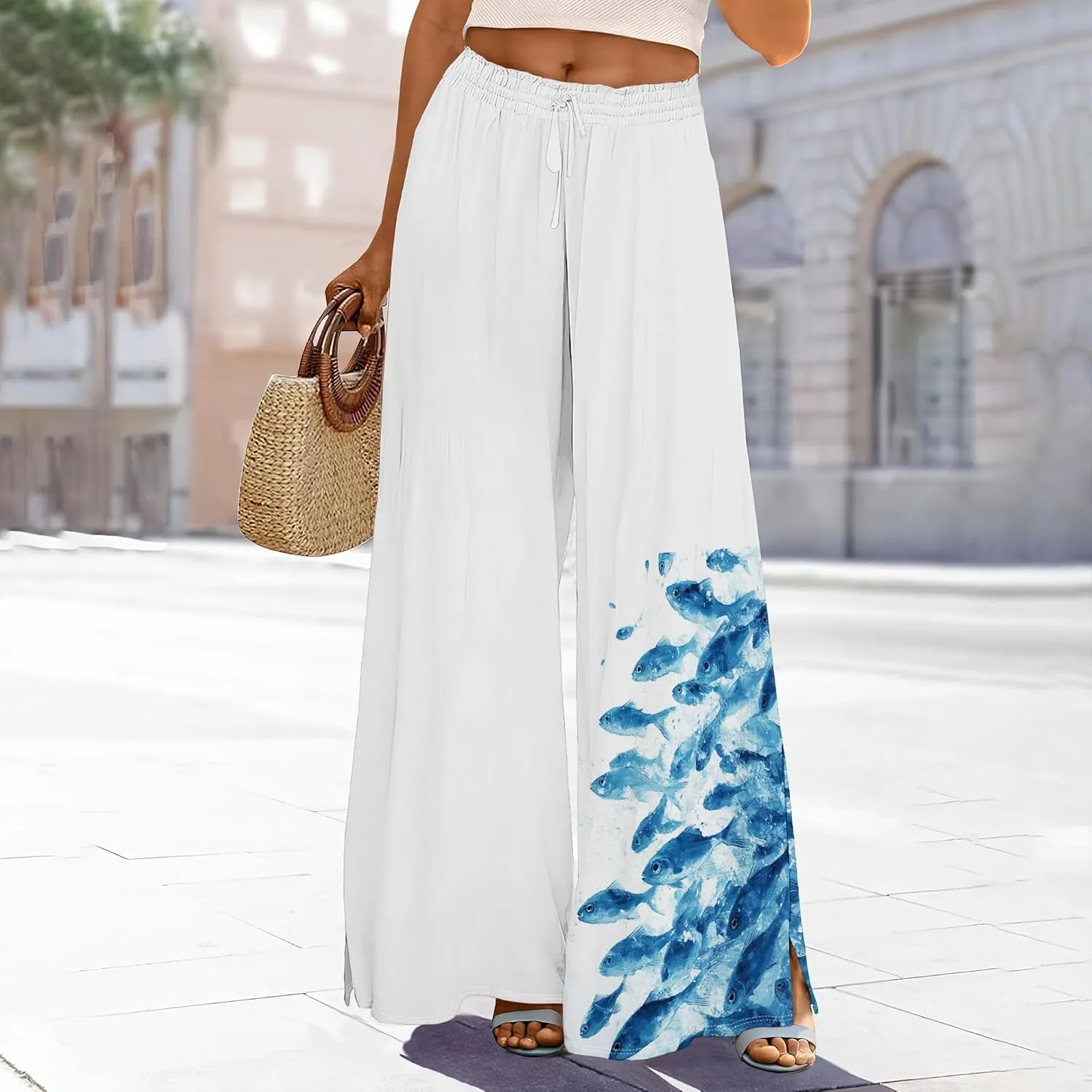 Palazzo Pants for Women Floral Summer Boho Casual Wide Leg Beach High Waist Lounge Ladies Trousers with Pockets