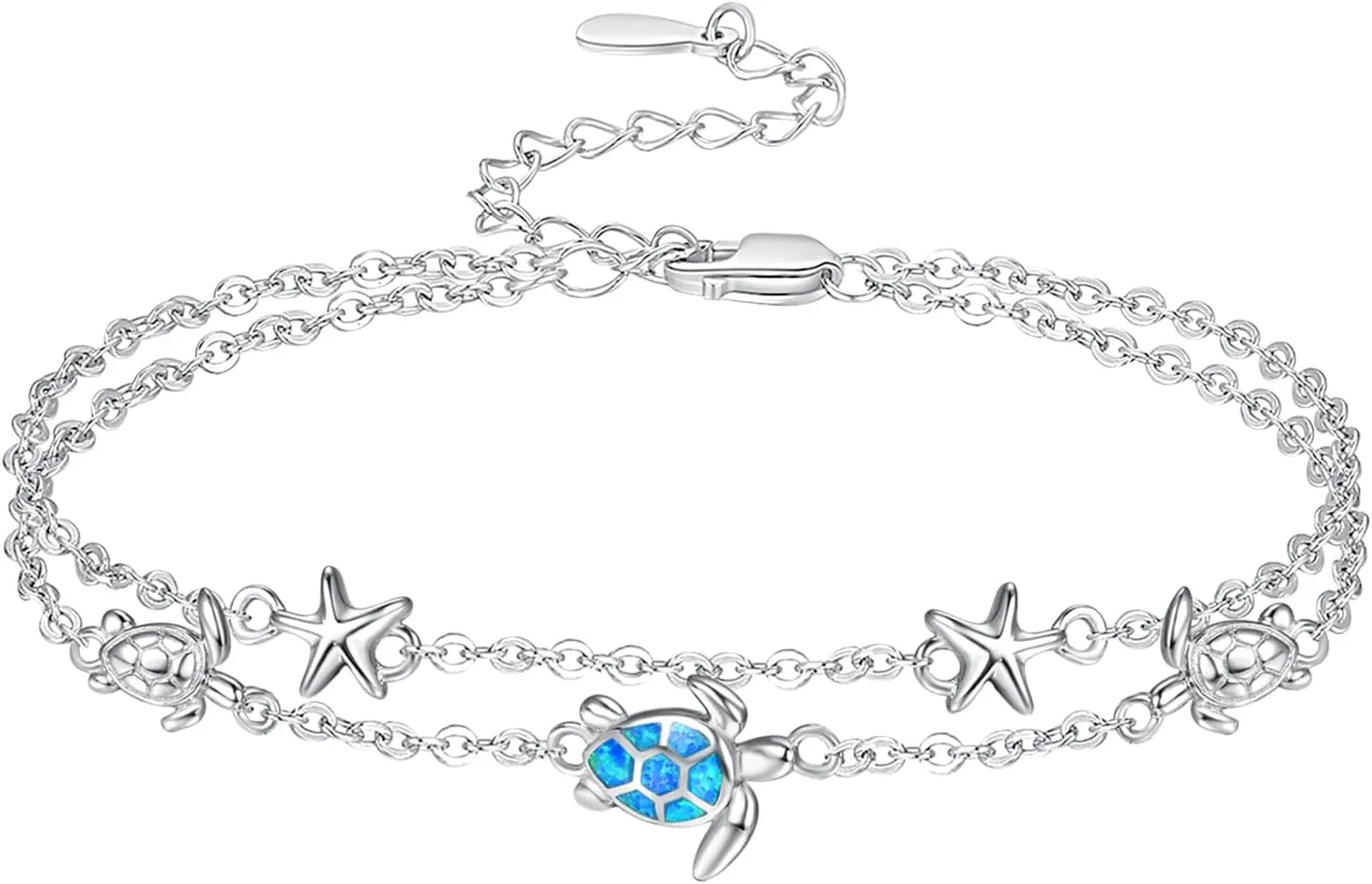 Palpitate Blue Opal Sea Turtle Ankle Bracelet Sterling Silver Turtle Starfish Anklet for Women Gifts Layered Beach Ocean Jewelry