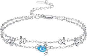 Palpitate Blue Opal Sea Turtle Ankle Bracelet Sterling Silver Turtle Starfish Anklet for Women Gifts Layered Beach Ocean Jewelry