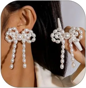 Pearl Bow Drop Earrings for Women Pearl Beaded Dangle Statement Earrings Vintage Bow Knot Ribbon Earring Costume Prom Wedding Fashion Jewelry Gifts