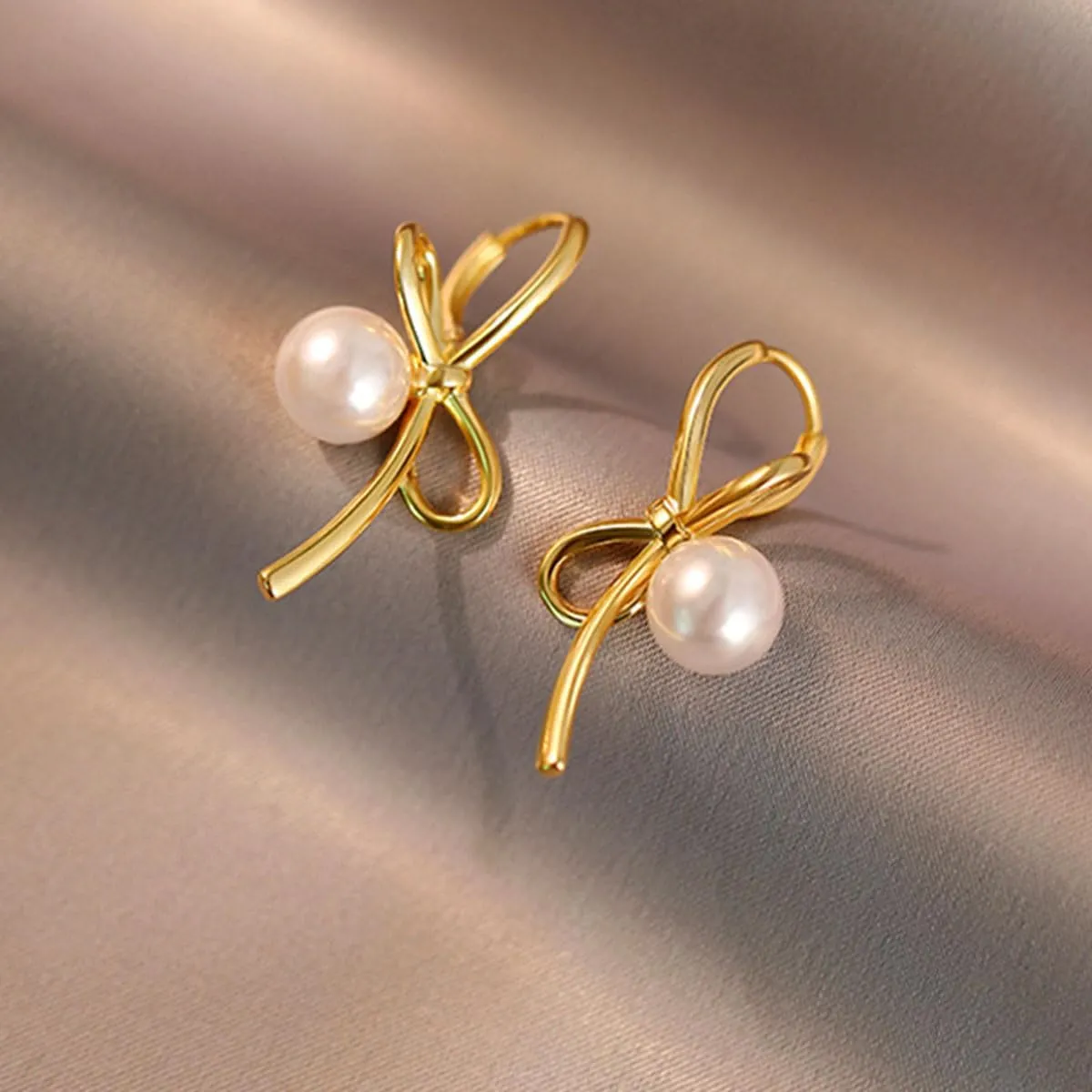 Pearl Bow Earrings Gold Bow Earrings Bow Pearl Stud Earrings Pearl Bowknot Statement Earrings Jewelry for Women