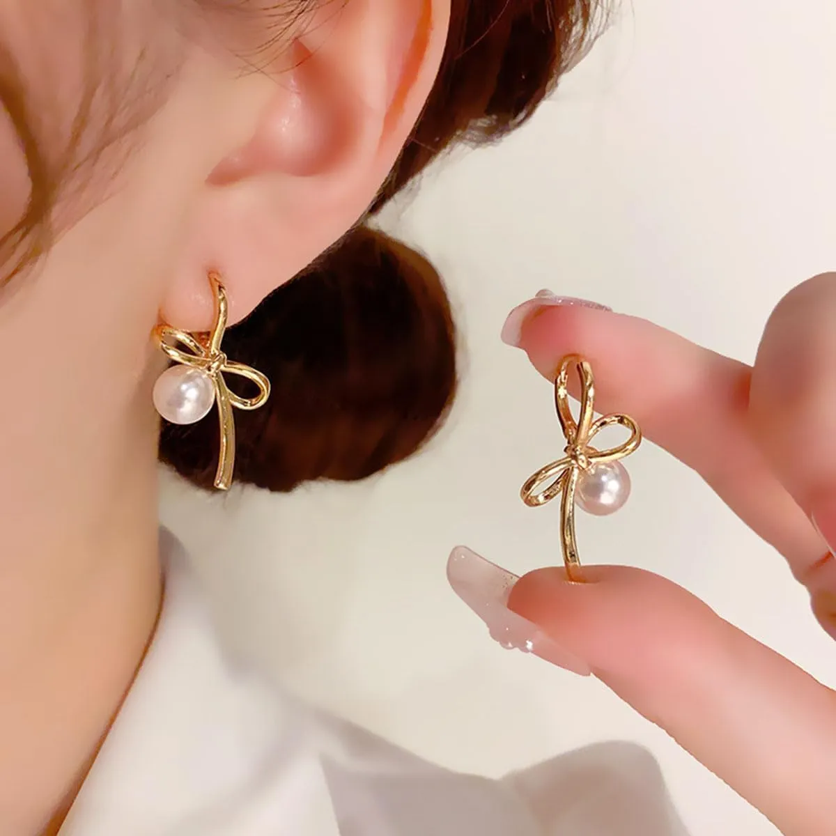 Pearl Bow Earrings Gold Bow Earrings Bow Pearl Stud Earrings Pearl Bowknot Statement Earrings Jewelry for Women