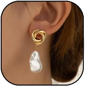 Pearl Dangle Earrings for Women 14K Gold Plated Huggie Pearl Drop Earrings Dainty Prom Bridal Wedding Pearl Earrings Jewelry Gifts
