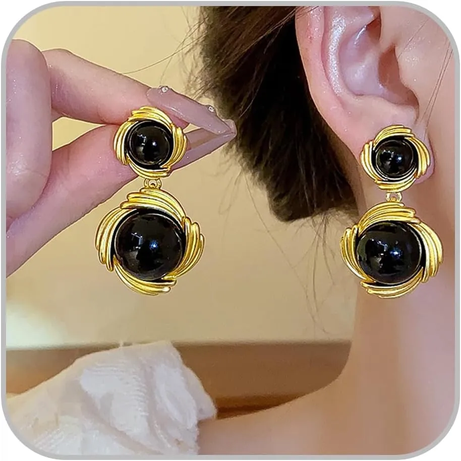 Pearl Drop Earring for Women Large Statement Pearl Earrings Chunky Black Pearl Earrings Black and Gold Dangle Earrings Big Thick Geometric Dangle Earring Hypoallergenic Jewelry Gift