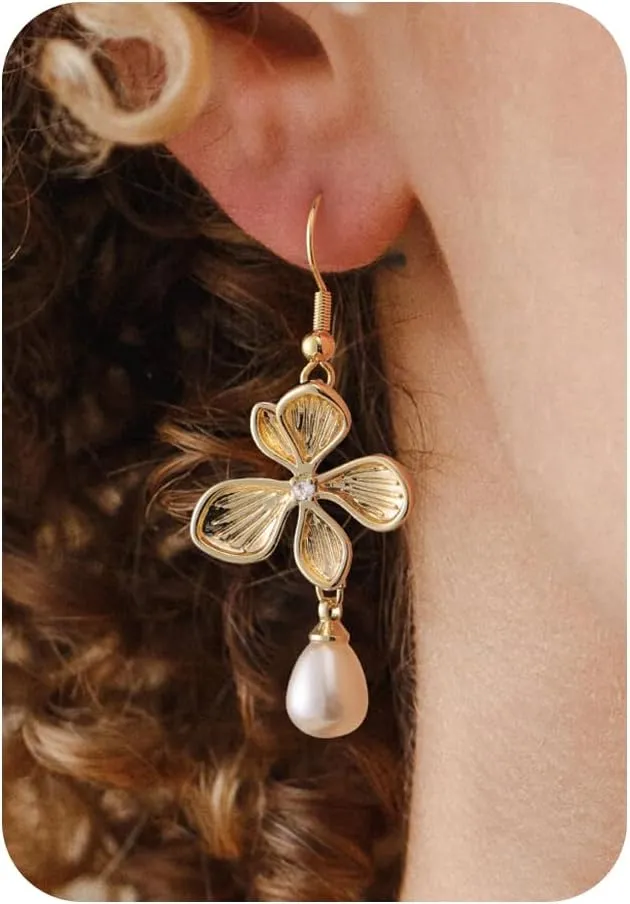 Pearl Earrings-14K Gold Plated Dainty Pearl Drop Simple Wedding CZ Dangle Dangling Cute Stud Earrings for Brides Earrings for Women Gifts
