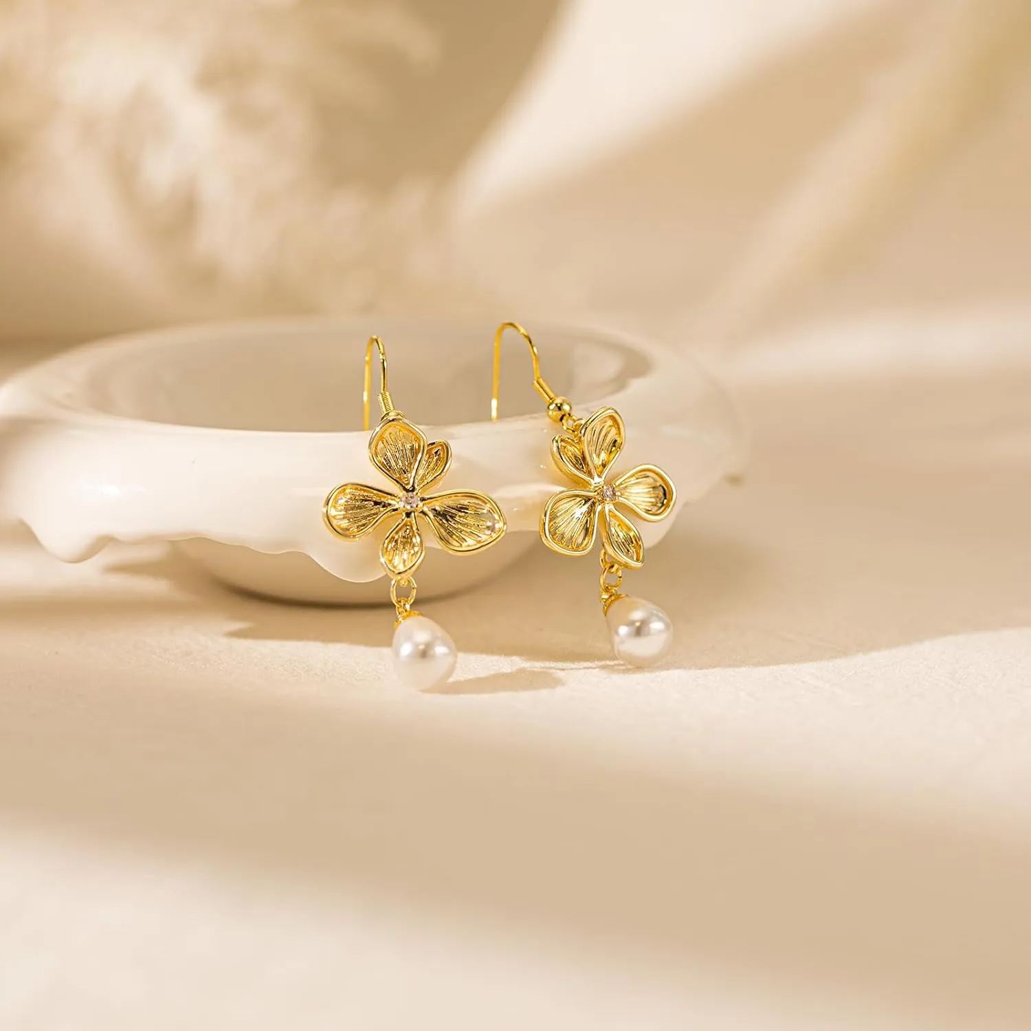 Pearl Earrings-14K Gold Plated Dainty Pearl Drop Simple Wedding CZ Dangle Dangling Cute Stud Earrings for Brides Earrings for Women Gifts