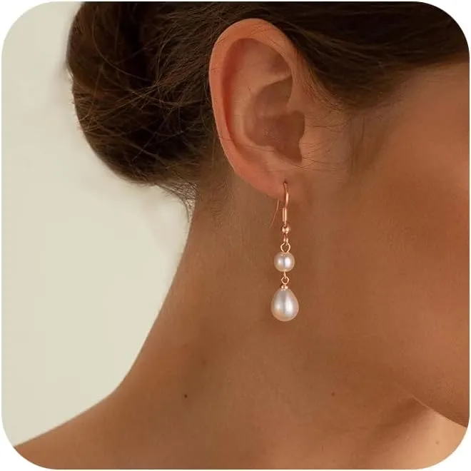 Pearl Earrings for Women Trendy: Flat Back Stud Earrings 14K Gold Plated/925 Sterling Silver Freshwater Pearl Dangle Earrings Cute Bow Earrings Wedding Jewelry Birthday Gifts for Women Girls