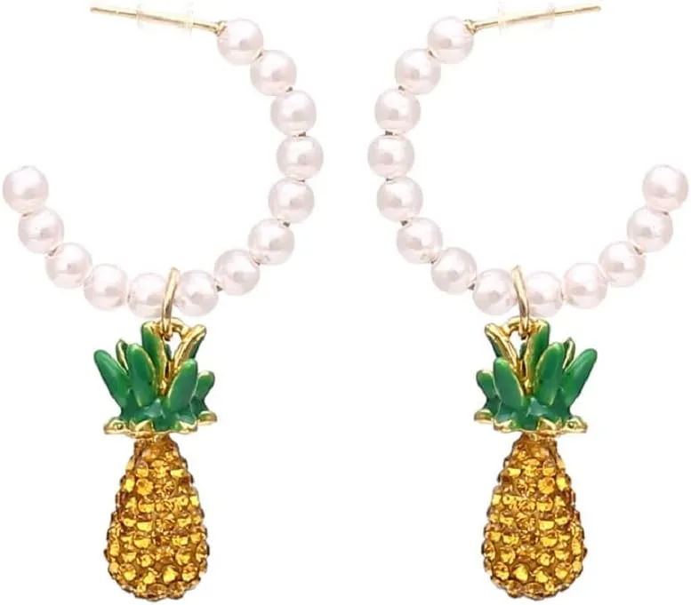 Pineapple Earrings for Women, Cute Fruit Pineapple Earrings for Womens, Pearl Pineapple Dangle Earrings Hypoallergenic, Beaded Pearls Pineapple Drop Earrings, Sterling Silver, No Gemstone