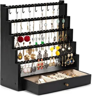Pinzoveco Earring Organizer, 5 Layer Earring Holder Organizer with Metal Necklace Holder Pole, Rustic Wood Jewelry Organizer Stand Display for Stud Earring Bracelet Necklace Ring, 175 Earring Holes