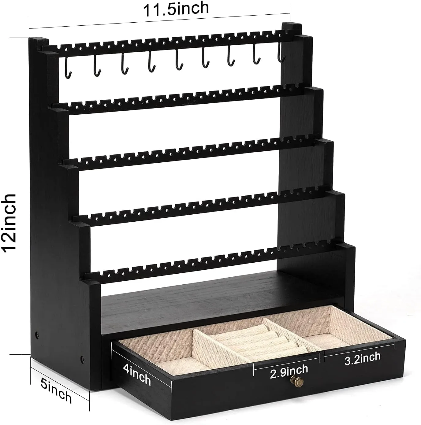 Pinzoveco Earring Organizer, 5 Layer Earring Holder Organizer with Metal Necklace Holder Pole, Rustic Wood Jewelry Organizer Stand Display for Stud Earring Bracelet Necklace Ring, 175 Earring Holes