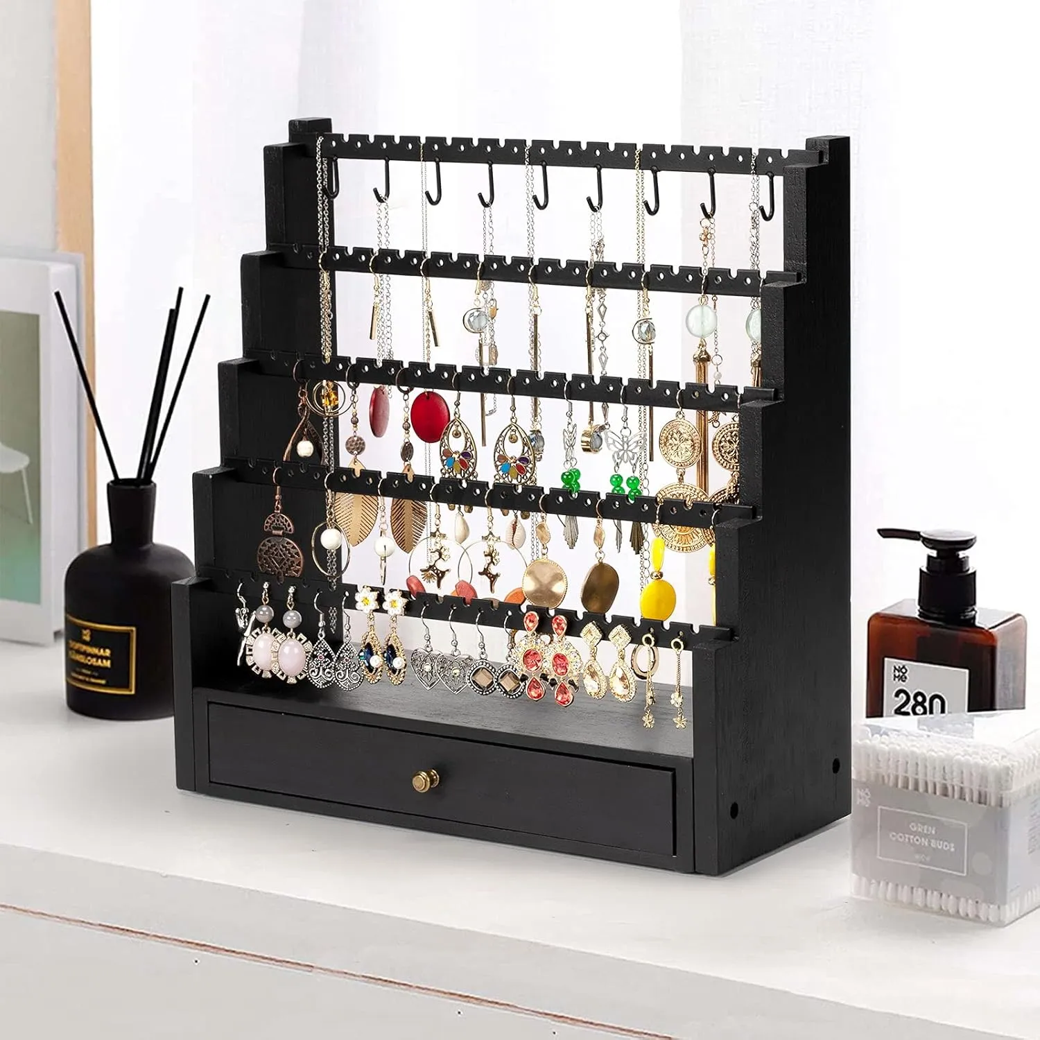 Pinzoveco Earring Organizer, 5 Layer Earring Holder Organizer with Metal Necklace Holder Pole, Rustic Wood Jewelry Organizer Stand Display for Stud Earring Bracelet Necklace Ring, 175 Earring Holes