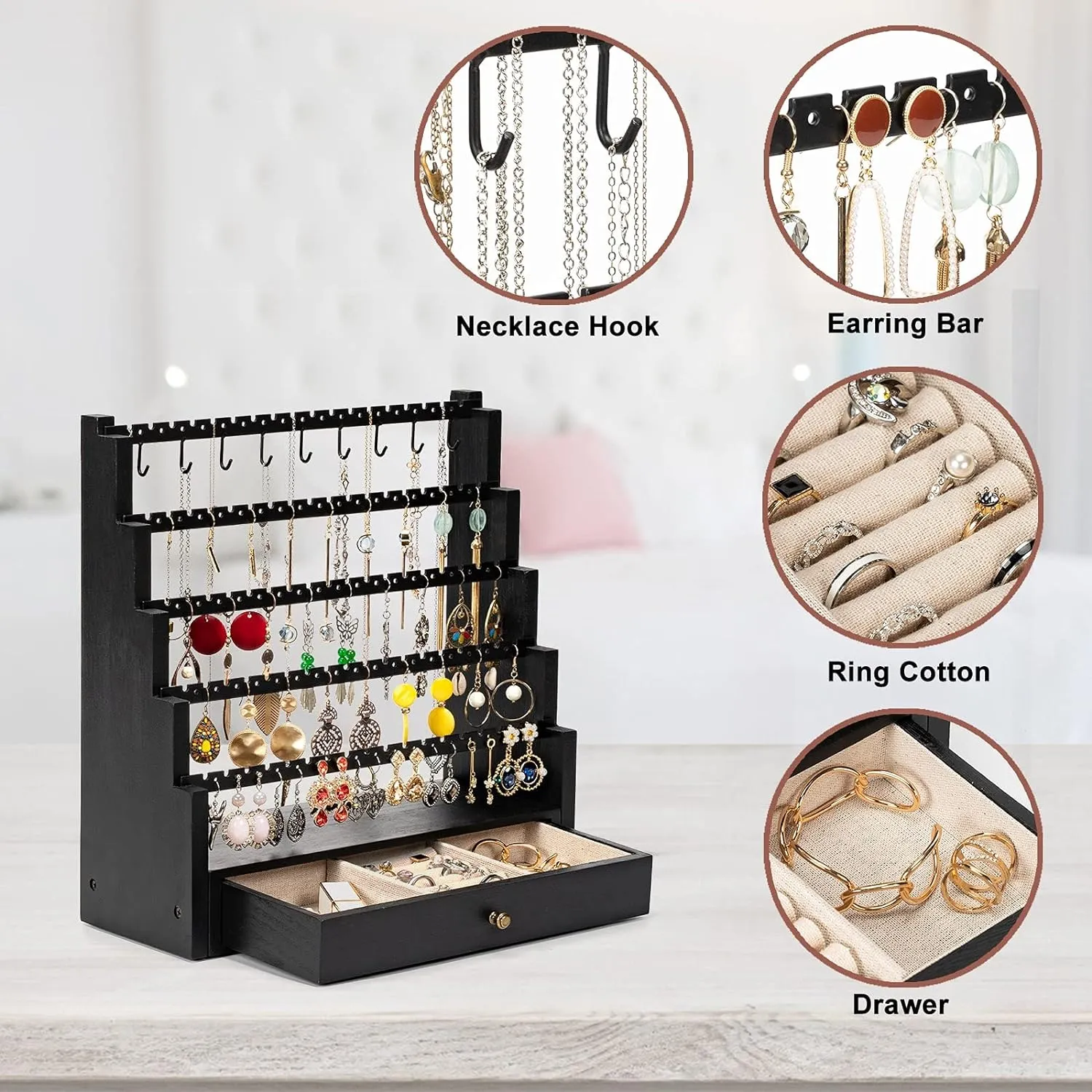 Pinzoveco Earring Organizer, 5 Layer Earring Holder Organizer with Metal Necklace Holder Pole, Rustic Wood Jewelry Organizer Stand Display for Stud Earring Bracelet Necklace Ring, 175 Earring Holes