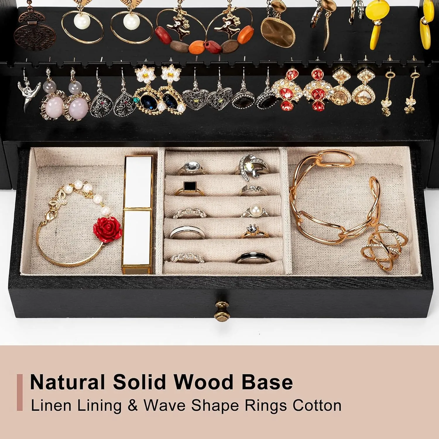 Pinzoveco Earring Organizer, 5 Layer Earring Holder Organizer with Metal Necklace Holder Pole, Rustic Wood Jewelry Organizer Stand Display for Stud Earring Bracelet Necklace Ring, 175 Earring Holes