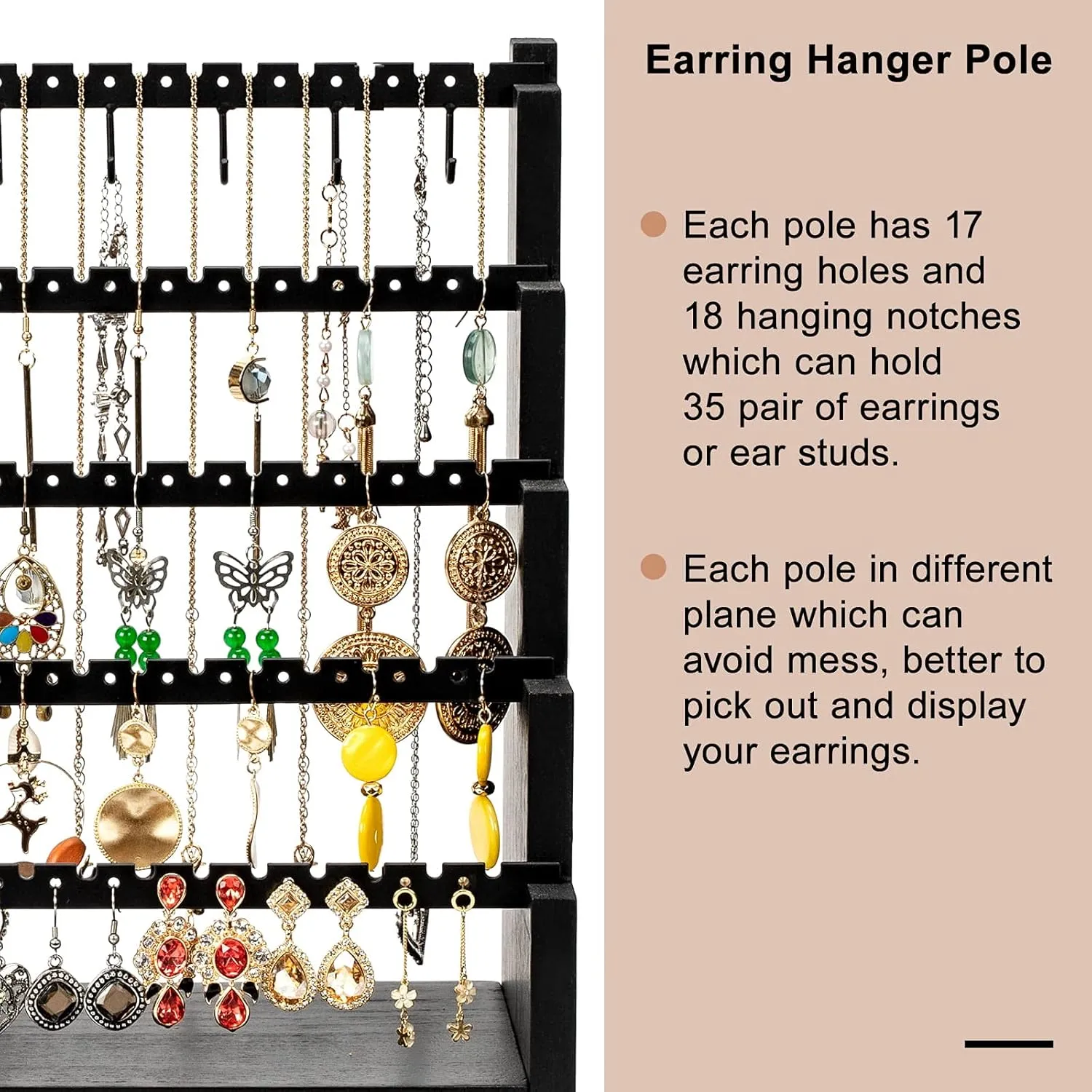Pinzoveco Earring Organizer, 5 Layer Earring Holder Organizer with Metal Necklace Holder Pole, Rustic Wood Jewelry Organizer Stand Display for Stud Earring Bracelet Necklace Ring, 175 Earring Holes