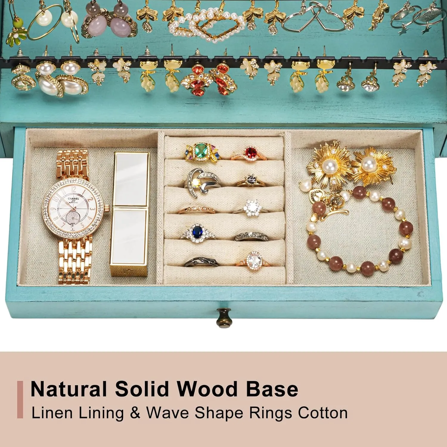 Pinzoveco Earring Organizer, 5 Layer Earring Holder Organizer with Necklace Holder Pole, Rustic Wood Jewelry Organizer Stand Display for Stud Earring Bracelet Necklace Ring, 175 Earring Holes