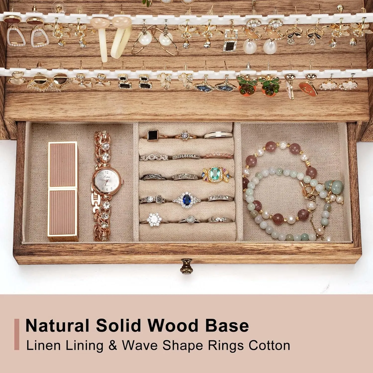 Pinzoveco Earring Organizer, 5 Layer Earring Holder Organizer with Necklace Holder Pole, Rustic Wood Jewelry Organizer Stand Display for Stud Earring Bracelet Necklace Ring, 175 Earring Holes