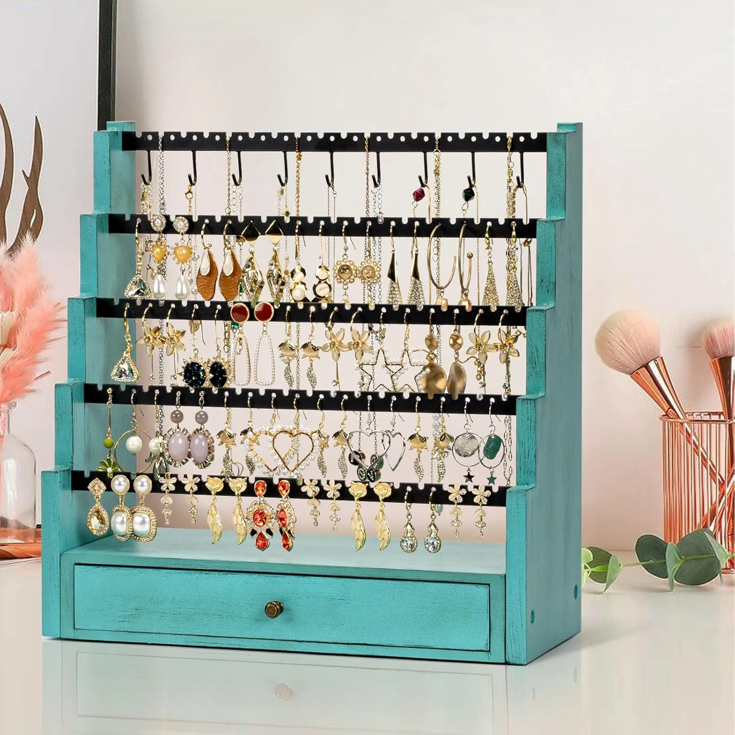Pinzoveco Earring Organizer, 5 Layer Earring Holder Organizer with Necklace Holder Pole, Rustic Wood Jewelry Organizer Stand Display for Stud Earring Bracelet Necklace Ring, 175 Earring Holes