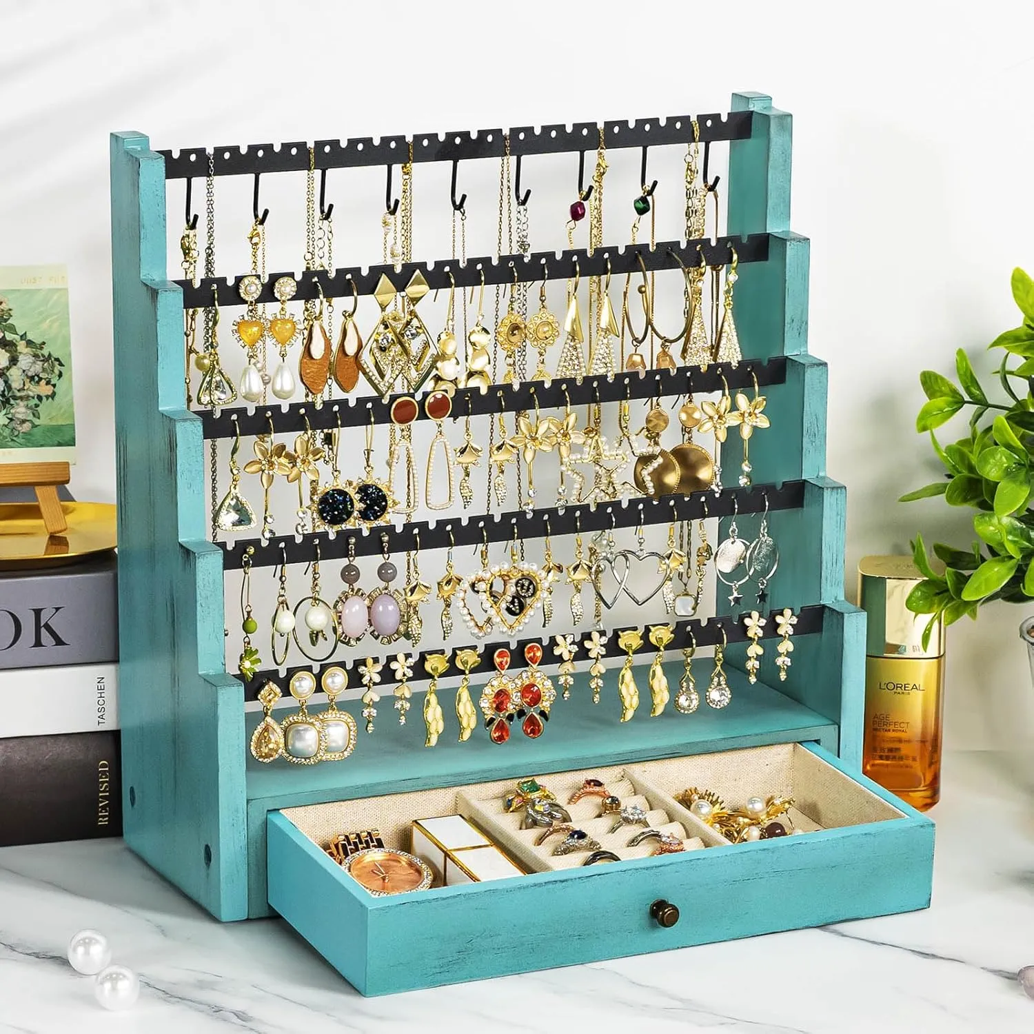 Pinzoveco Earring Organizer, 5 Layer Earring Holder Organizer with Necklace Holder Pole, Rustic Wood Jewelry Organizer Stand Display for Stud Earring Bracelet Necklace Ring, 175 Earring Holes