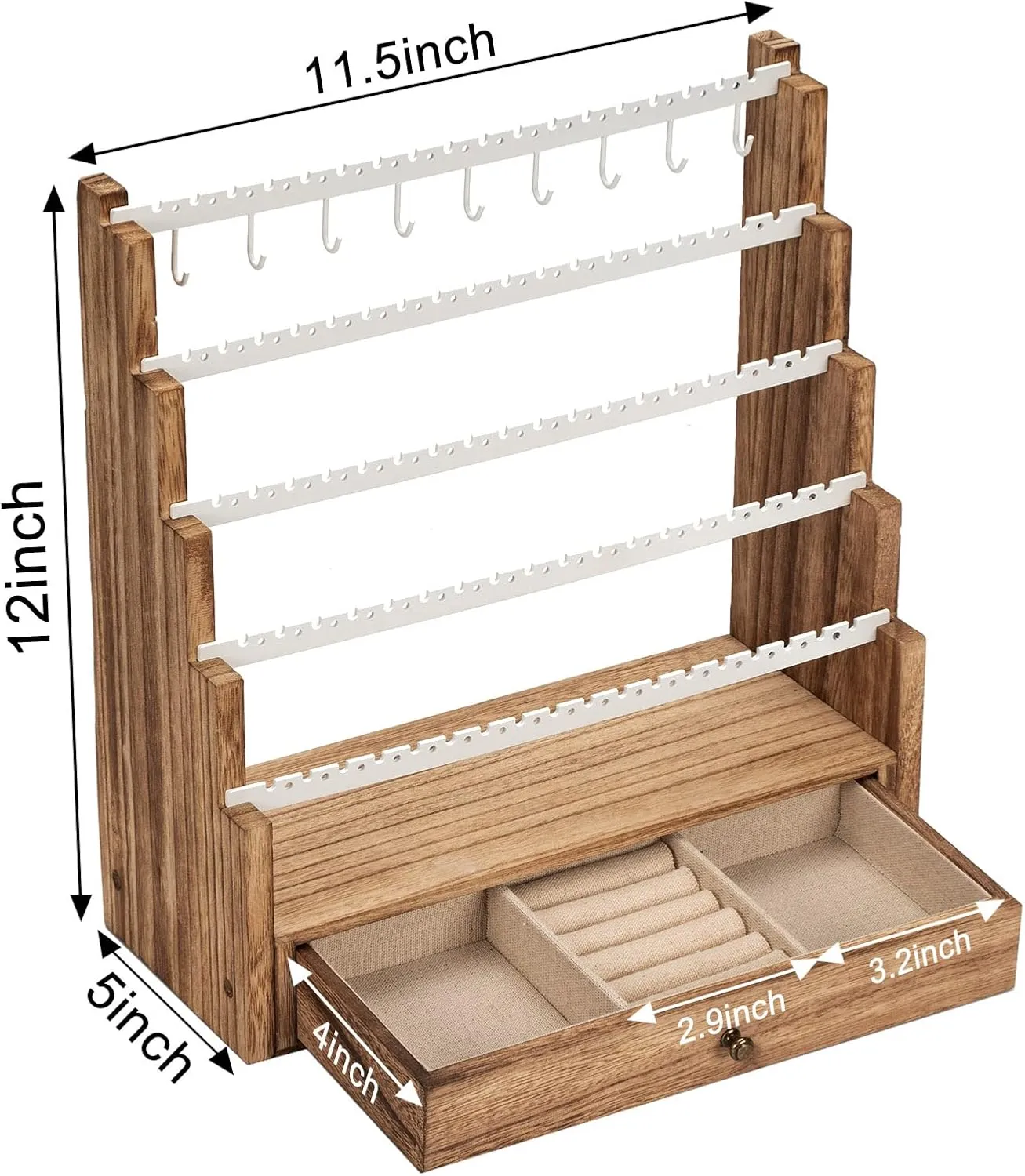 Pinzoveco Earring Organizer, 5 Layer Earring Holder Organizer with Necklace Holder Pole, Rustic Wood Jewelry Organizer Stand Display for Stud Earring Bracelet Necklace Ring, 175 Earring Holes