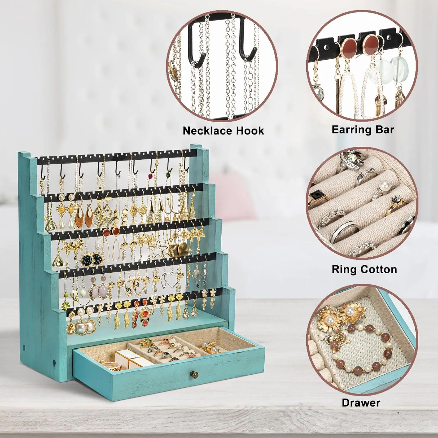 Pinzoveco Earring Organizer, 5 Layer Earring Holder Organizer with Necklace Holder Pole, Rustic Wood Jewelry Organizer Stand Display for Stud Earring Bracelet Necklace Ring, 175 Earring Holes